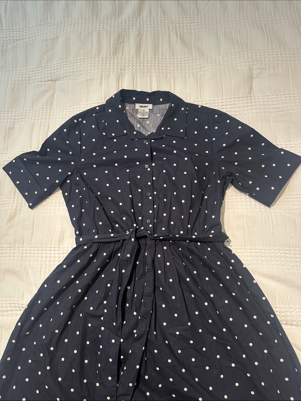 DKNY Navy Polka Dot Shirt Dress with Tie Waist - Picture 3 of 5